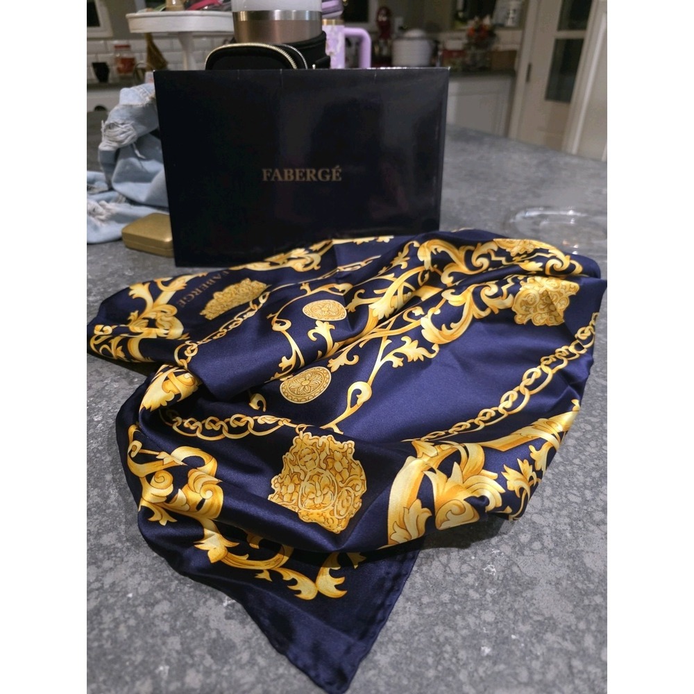 FABERGE Large Silk Scarf 32"x 32" Navy Blue Gold Square New With Box - Picture 10 of 11